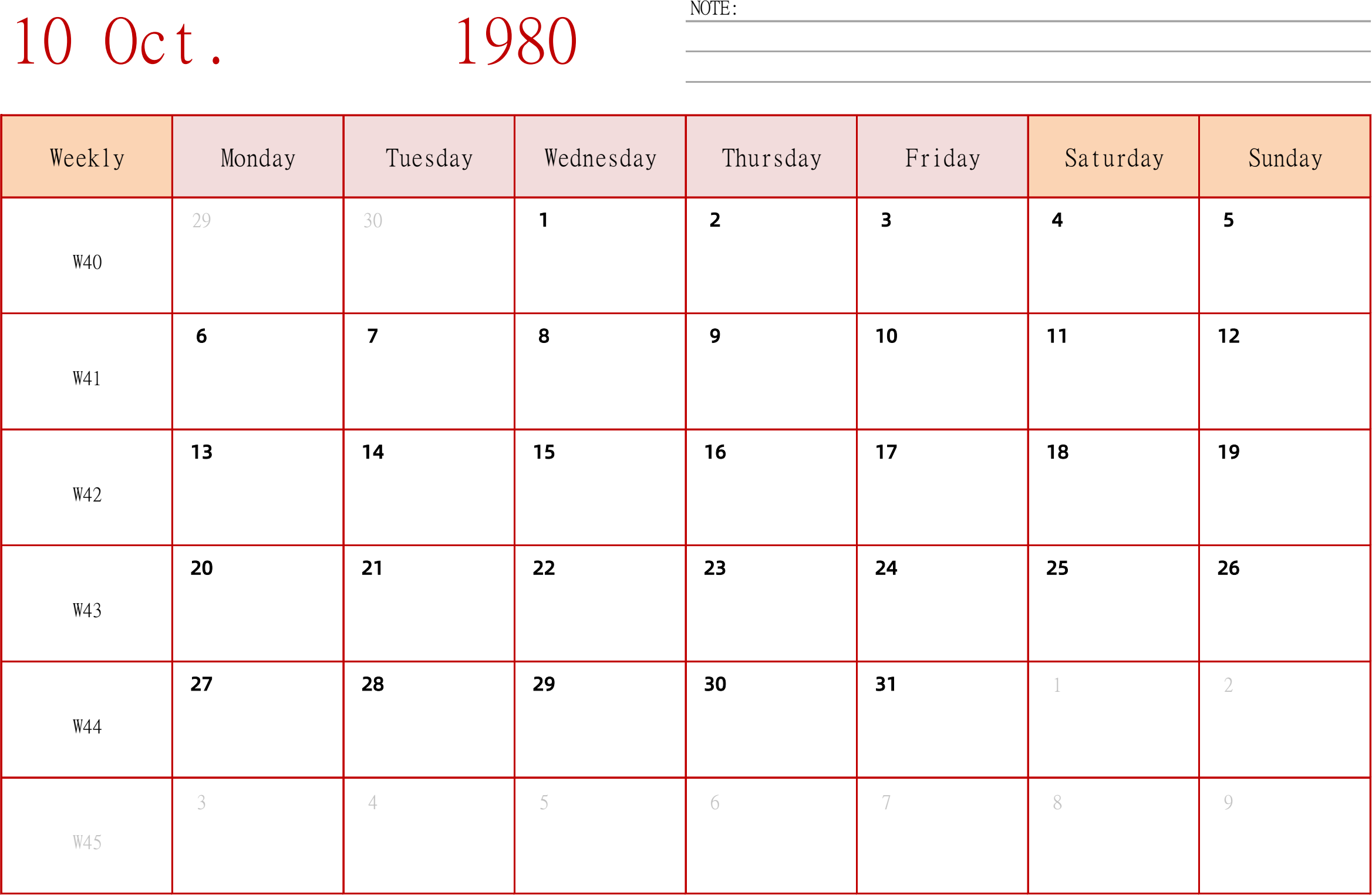 日历表1980年日历 英文版 横向排版 周一开始 带周数